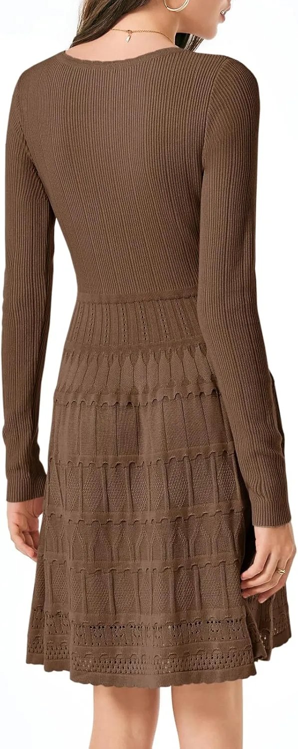 Wenrine Womens Long Sleeve Sweater Dress Knit Crochet Casual A Line Flowy Skater Mini Dresses