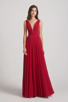 Wide Straps Double V-Neck Crinkle Chiffon Bridesmaid Dresses (AF0092)