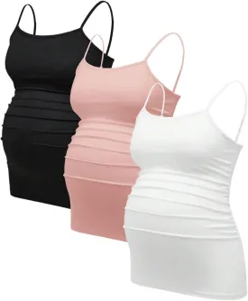Women's 3 Pack Maternity Cami Top Casual Ruched Spaghetti Strap Pregnancy Camisole