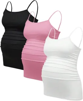 Women's 3 Pack Maternity Cami Top Casual Ruched Spaghetti Strap Pregnancy Camisole