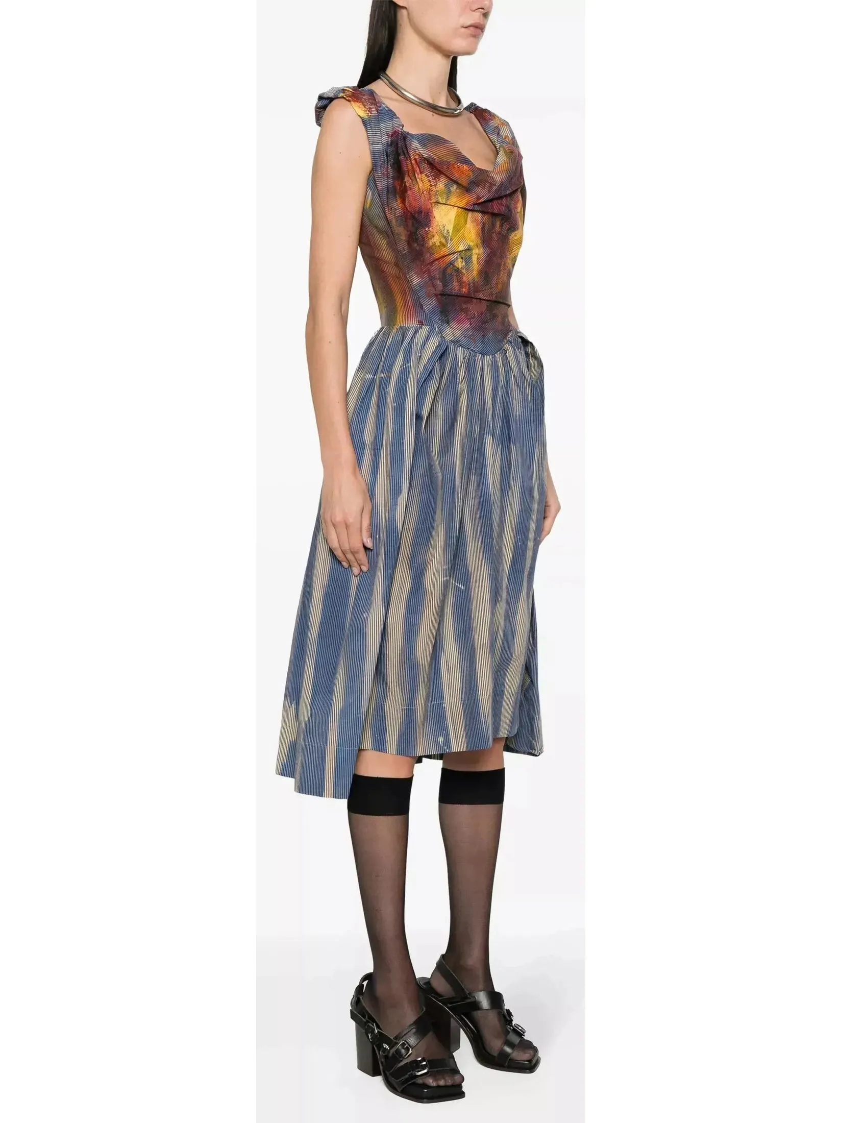 Women’s Bustier Striped Draped Midi Dress