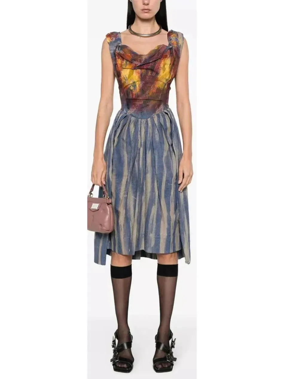 Women’s Bustier Striped Draped Midi Dress