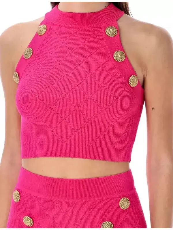 Women’s Button Knit Tank Top, Fuchsia Pink