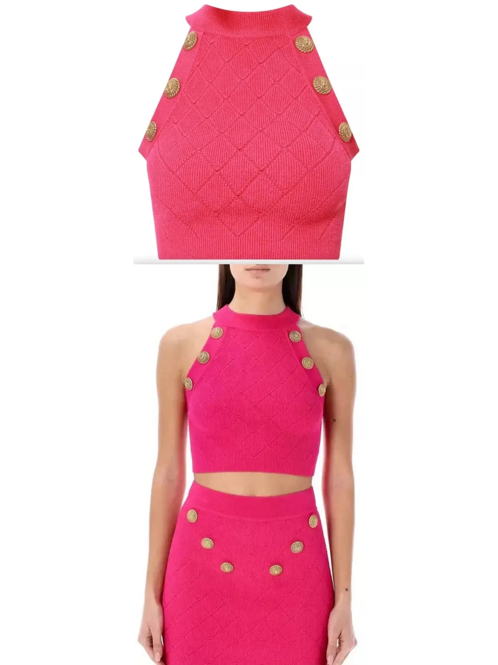 Women’s Button Knit Tank Top, Fuchsia Pink
