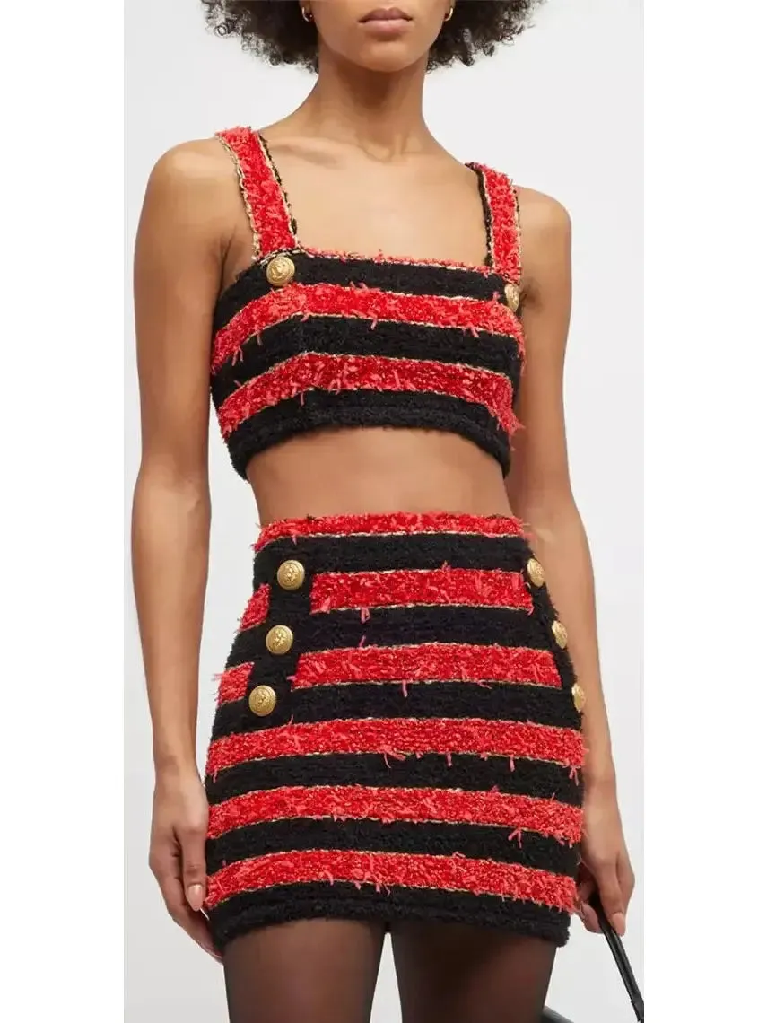 Women’s Buttoned Striped Tweed Cropped Top and Skirt Set, Red & Black