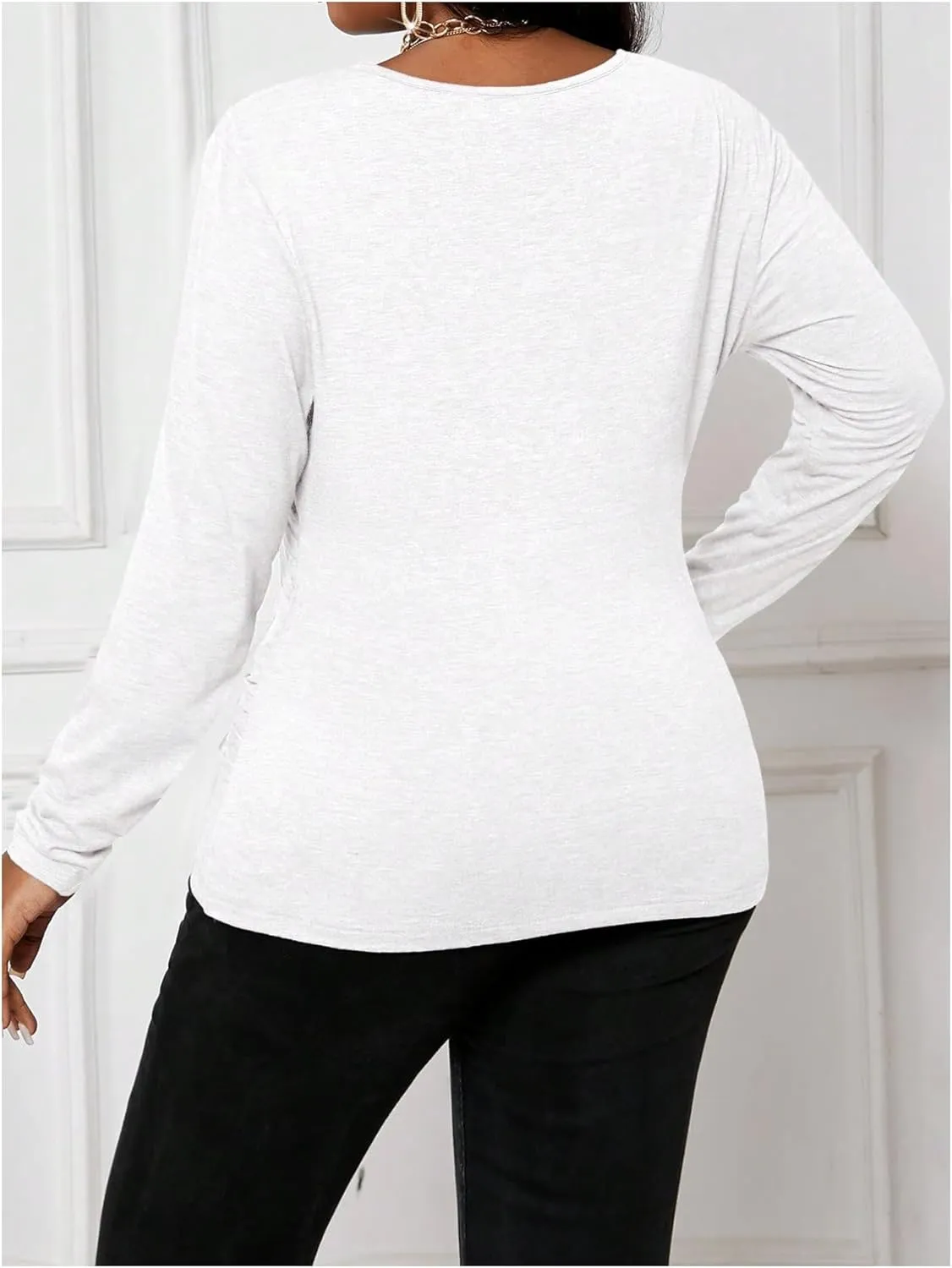 Women's Plus Size V Neck Wrap T Shirts Long Sleeve Slim Fit Ruched Tee Tops Office Work Clothes