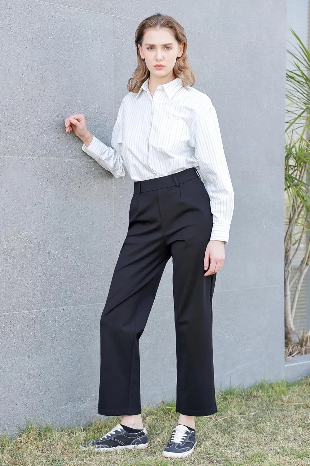 Womens Wide Leg Dress Pants High Elastic Waisted Work Business Casual Office Slacks Pull On Trousers