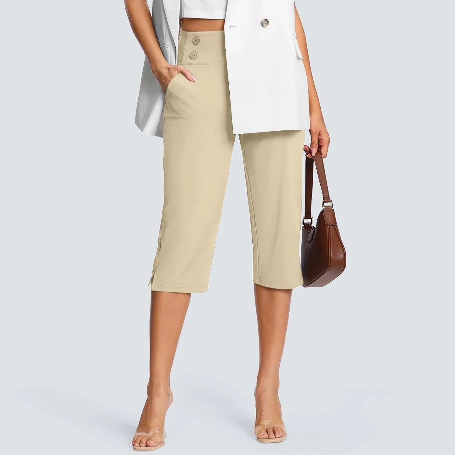 Work Pants for Women Summer High Waisted Stretchy Capris Dressy Casual Golf Capri Pants Pull On Slacks with Pockets
