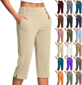 Work Pants for Women Summer High Waisted Stretchy Capris Dressy Casual Golf Capri Pants Pull On Slacks with Pockets